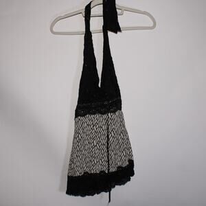 Y2K Suzy Black Lace Halterneck Double Lined Abstract Design Top Size S